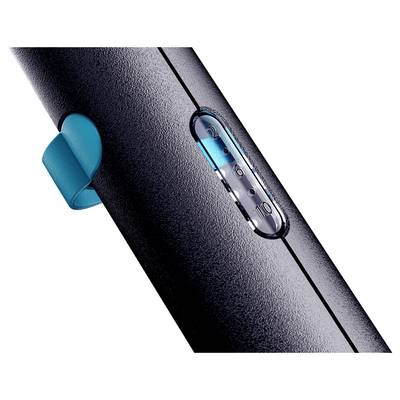 Nahaufnahme eines schwarzen elektrischen Haartrimmers mit einem blauen Einstellhebel und sichtbaren Längenschnitteinstellungen.