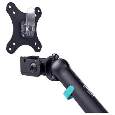 Verstellbare Wandhalterung und angebrachte Armklemme, dargestellt als separate Montagehardware-Teile auf weißem Hintergrund.