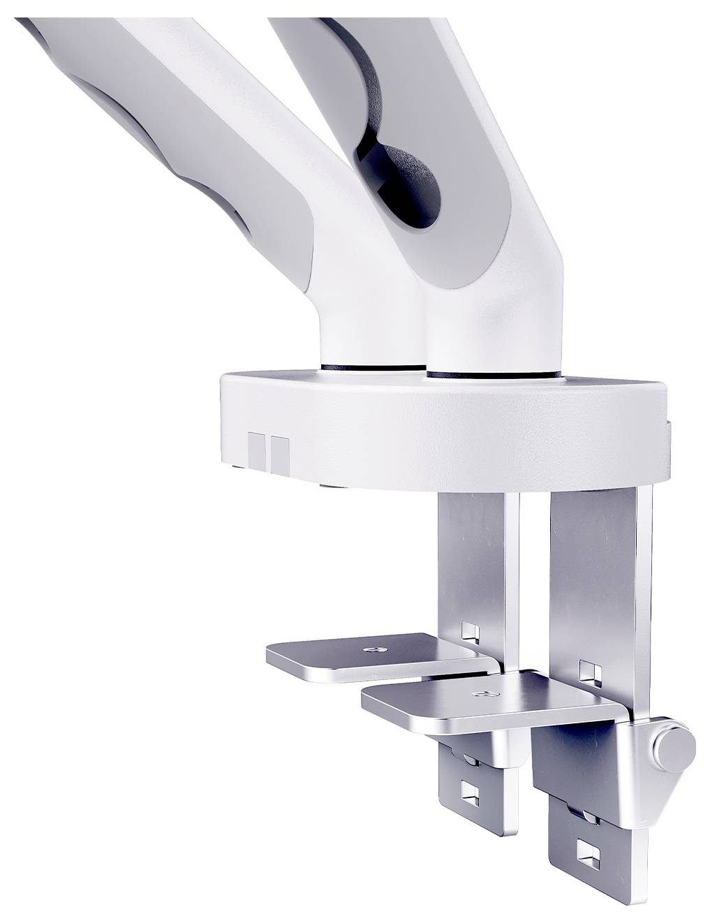 Nahaufnahme einer weißen Dual-Monitor-Arm-Tischhalterung mit verstellbaren Metallklemmen und Halterungen.