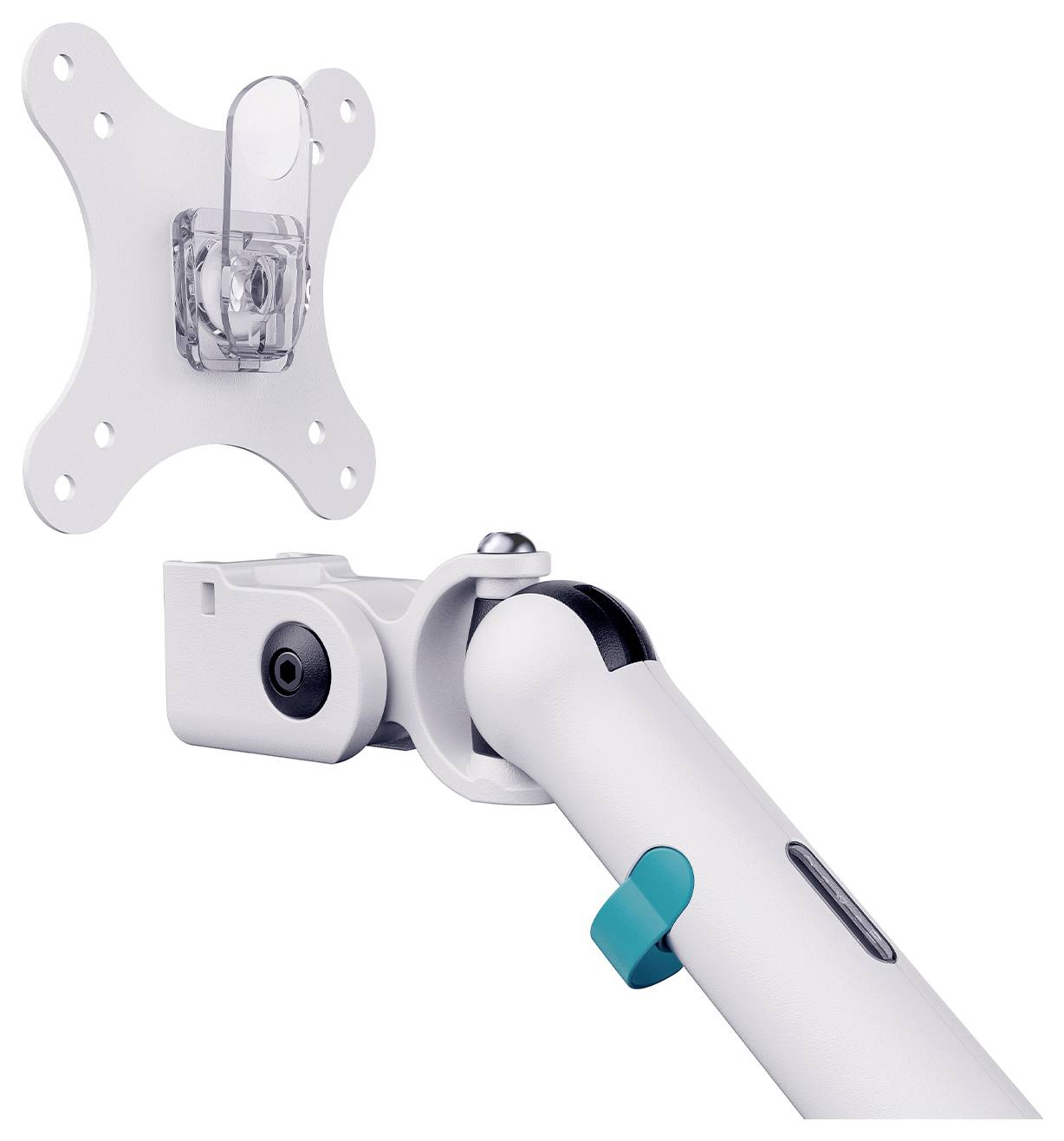 Weiße verstellbare Wandhalterung mit Arm, der ein weißes Gerät hält, dargestellt als Produktdetailaufnahme auf einfachem Hintergrund.