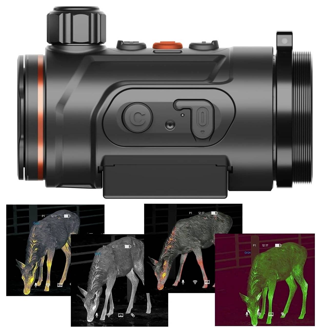 Kompaktes Wärmebild-Nachtsichtvisier mit digitalen Bedienelementen, oben gezeigt mit vier Beispielbildern eines Rehs in verschiedenen Wärmebild-/Farbmodi.