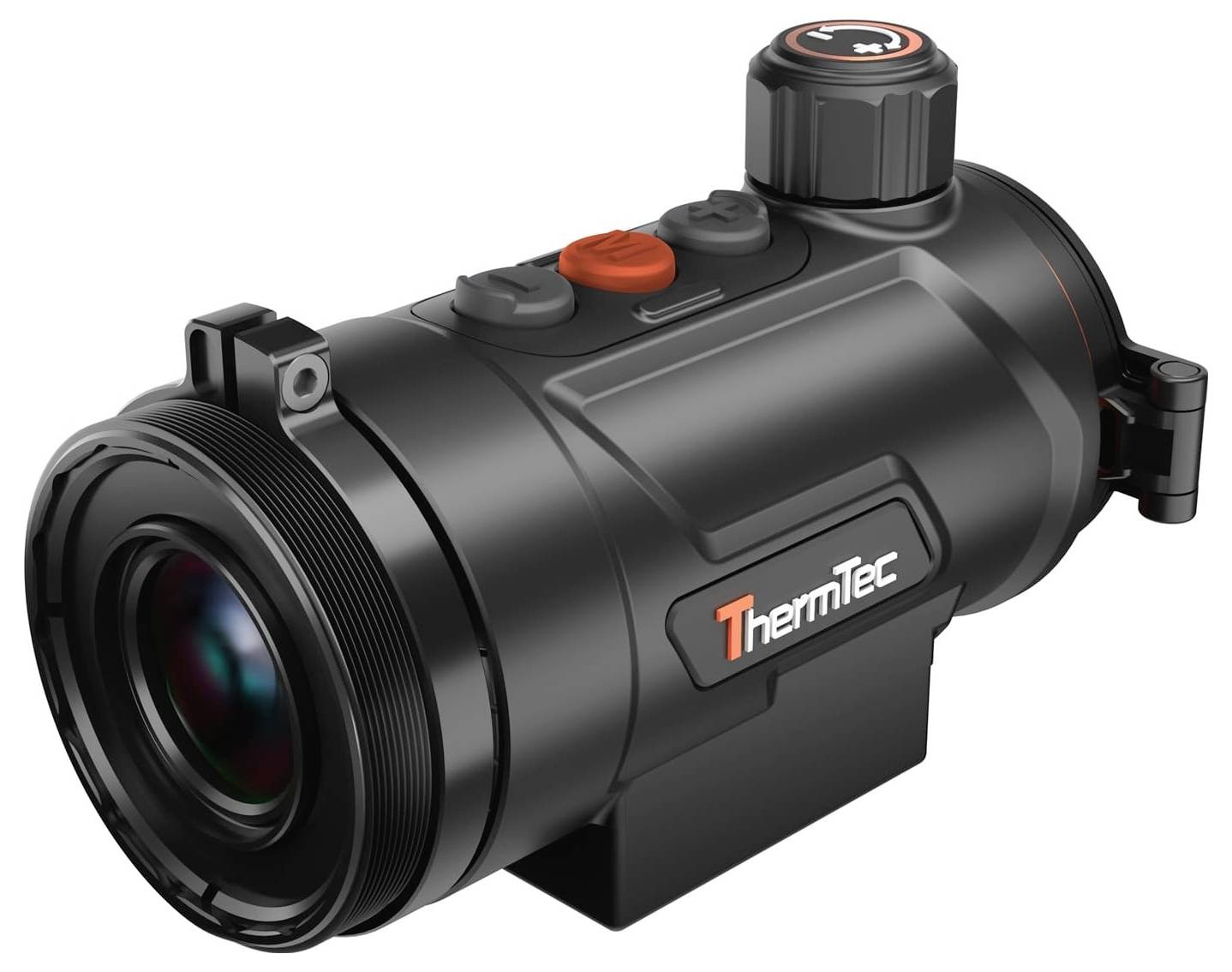 ThermTec Wärmebild-Monokel mit großer Frontlinse und oben angebrachten Steuertasten auf schwarzem Gehäuse
