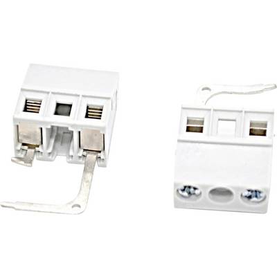 Zwei Nahaufnahmen eines weißen Elektrosteckers mit Metallkontakten und Befestigungslaschen auf einem neutralen Hintergrund.