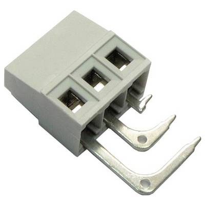 Grauer dreipoliger Elektroklemmenblock mit Metall-Schraubklemm-Kontakten und Befestigungslaschen, dargestellt auf weißem Hintergrund.