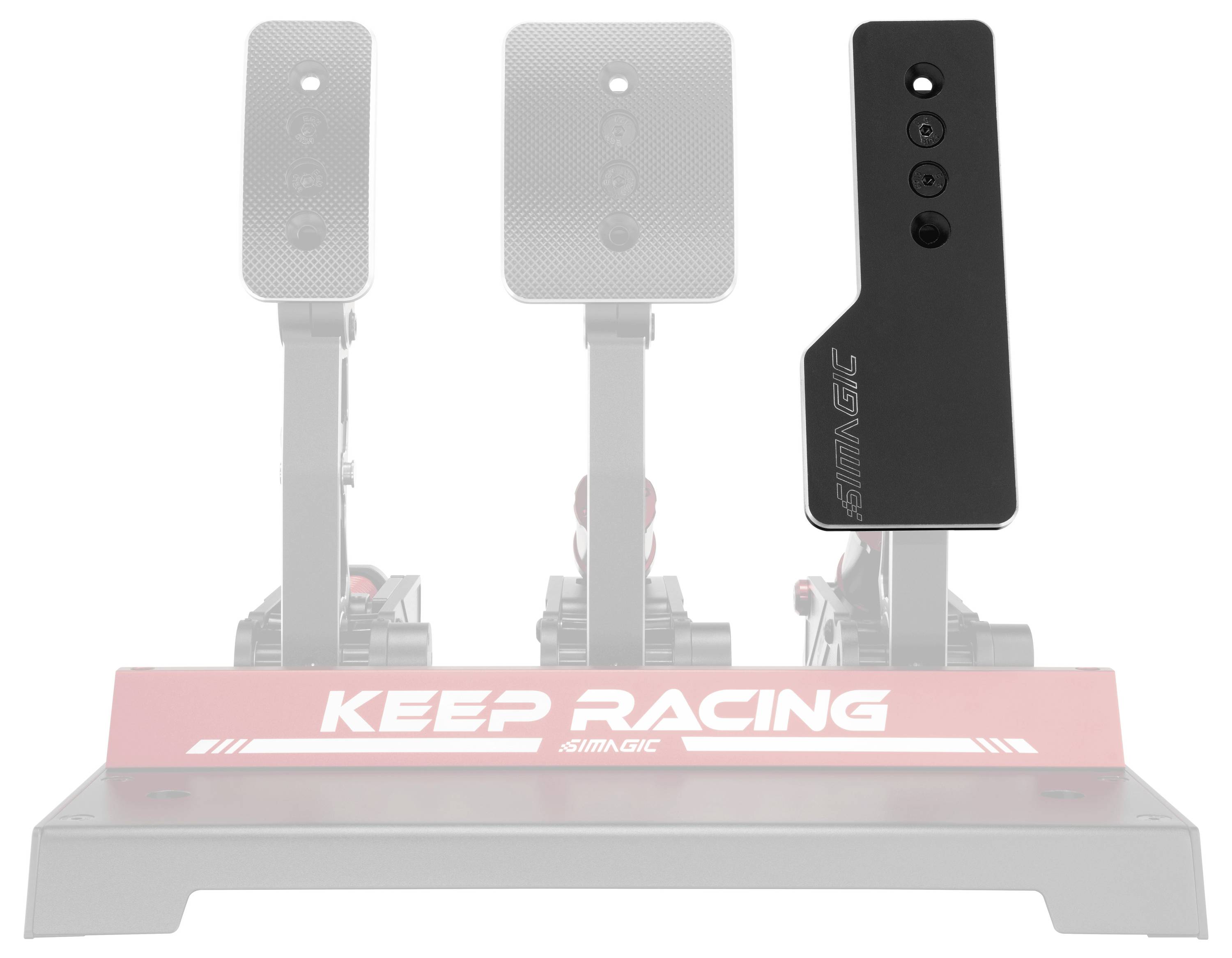 Rennsimulatoren-Pedalsatz mit drei aufrechten Pedalplatten und einer roten Basis mit der Aufschrift „KEEP RACING" und „SIMAGIC".
