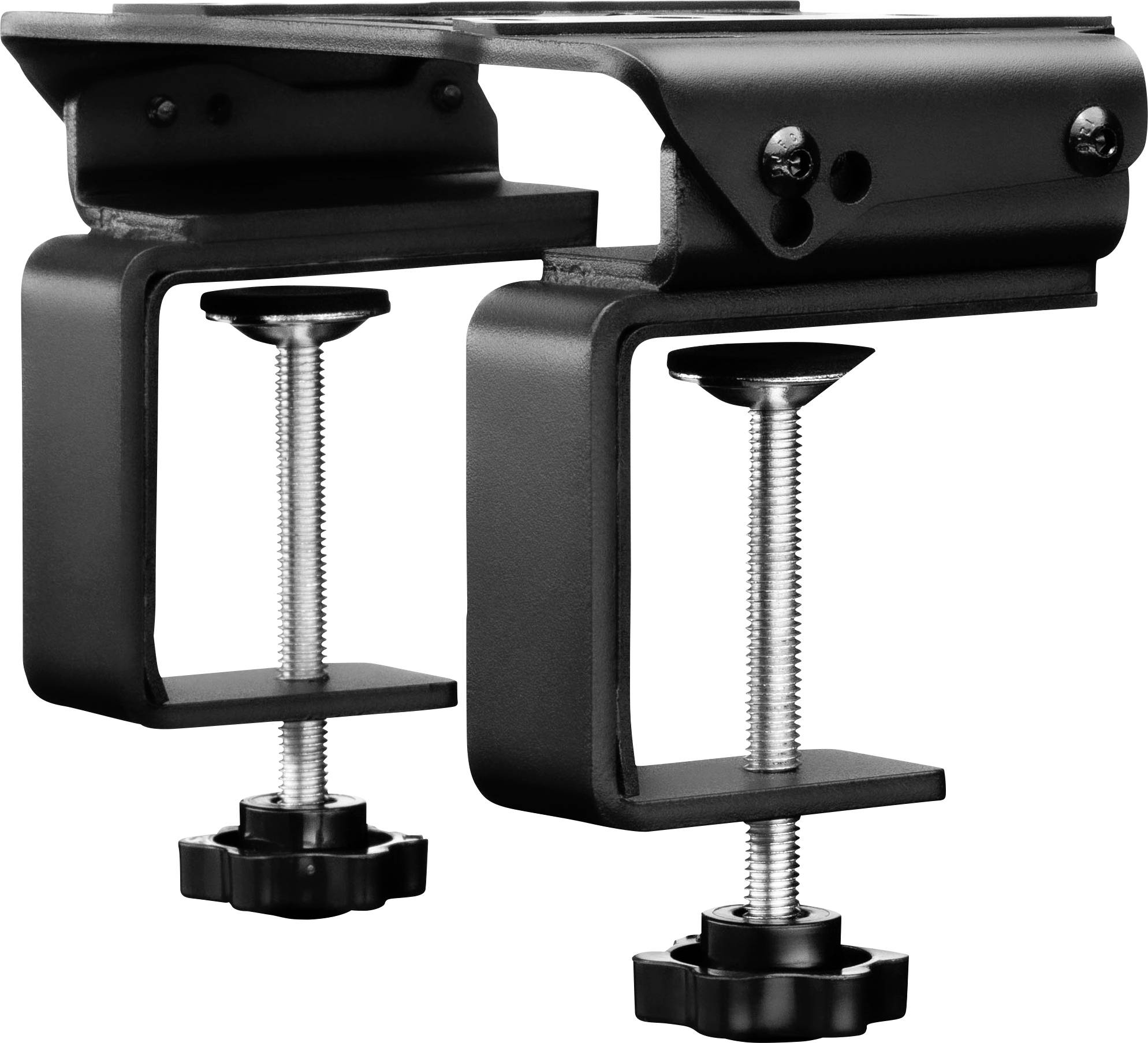 Schwarze Metall-C-Schelle mit Montageplatte und zwei verstellbaren Schraubenzwingen zum Befestigen auf einer Oberfläche.