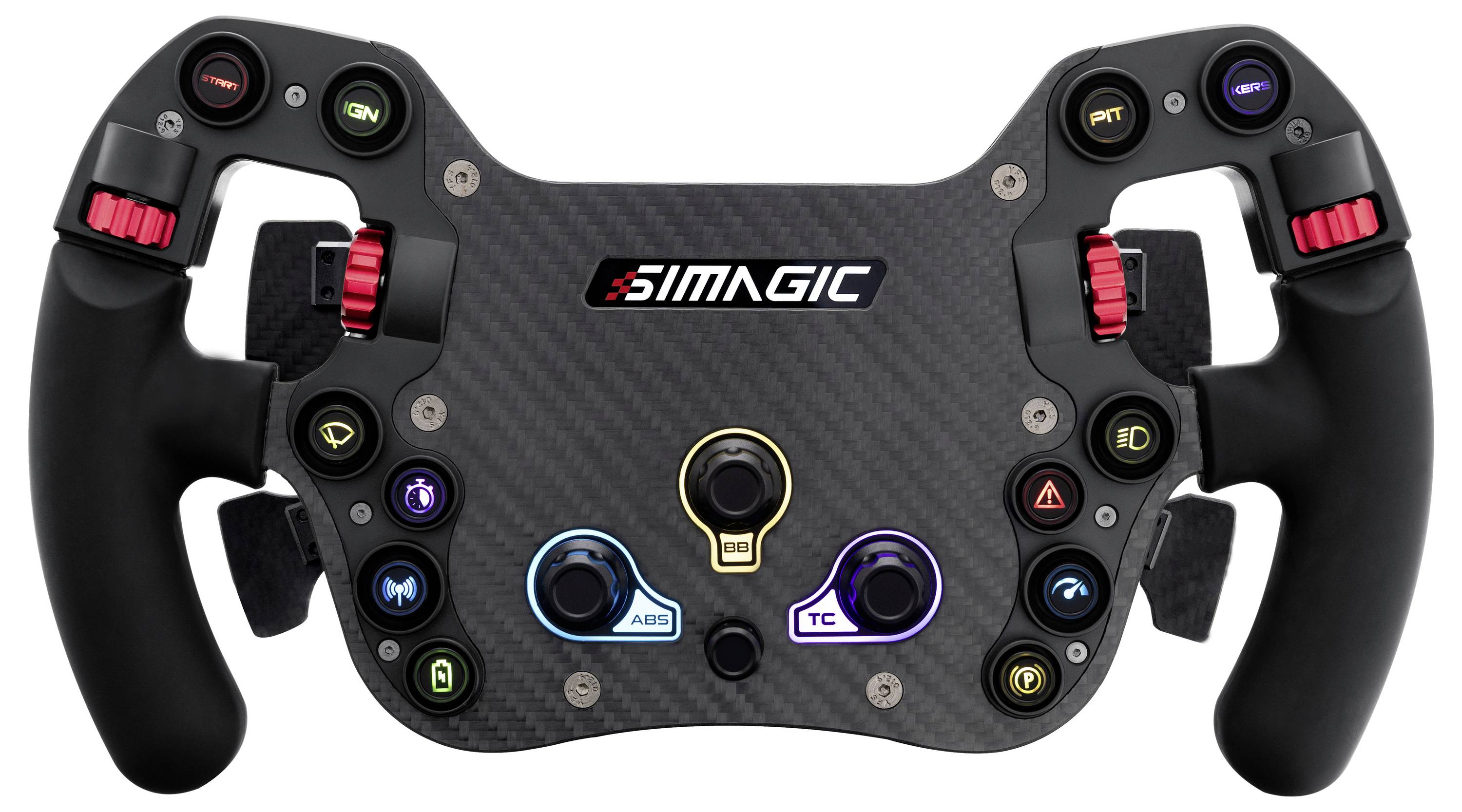 Schwarzes Simagic-Rennlenkrad mit Doppelgriffen, mehreren Tasten und Drehreglern sowie Schaltwippen, konzipiert für ein Simulator-Rig.