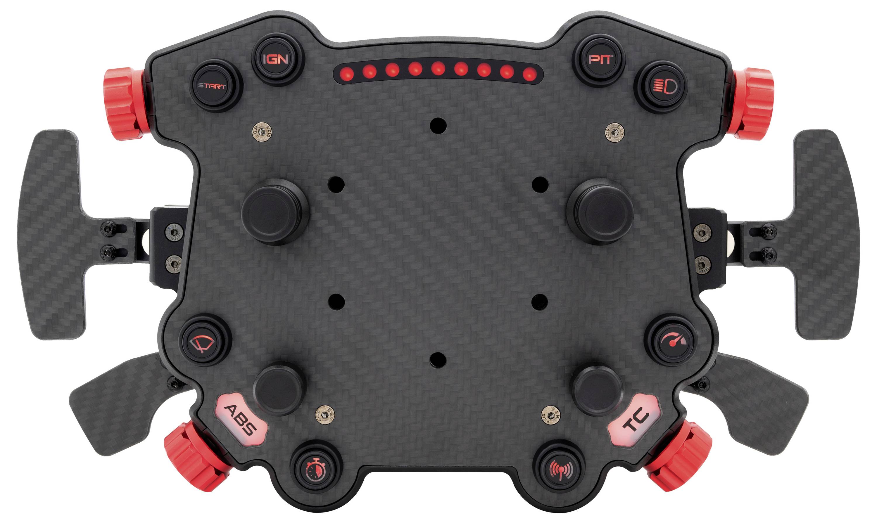 Karbonfaser-Rennlenkrad/Controller mit doppelten Seitengriffen, roten Drehknöpfen und beleuchteten Tasten für Boxenfunk, Zündung, ABS und Traktionskontrolle.