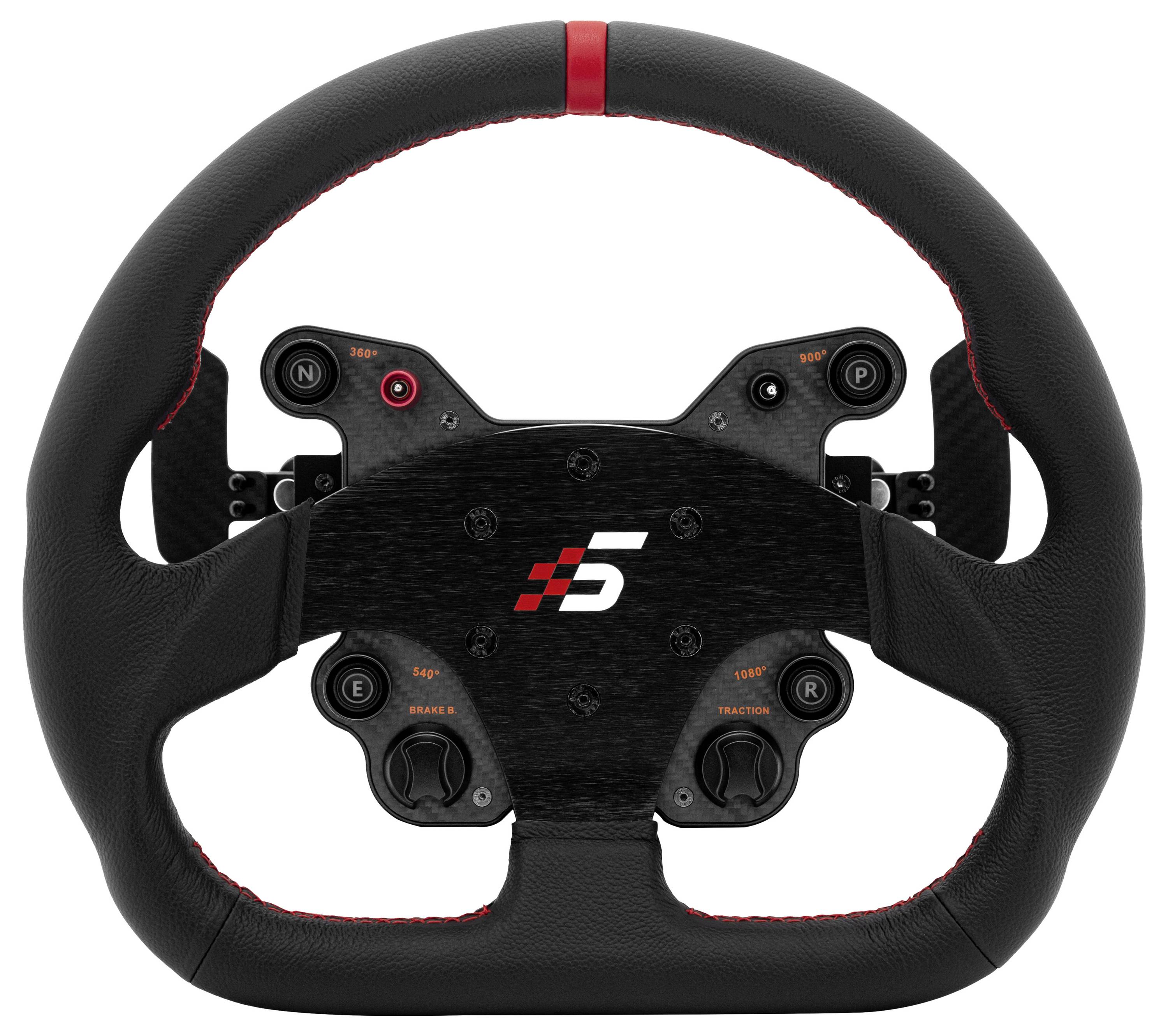Schwarzes Rennlenker mit roter Naht und mittigem Logo, ausgestattet mit Schaltpaddeln und gekennzeichneten Bedienelementen für einen Fahrsimulator oder Rennwagen.