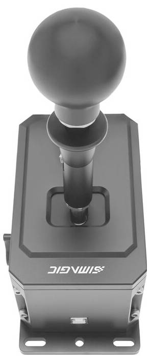 Grauer industrieller Steuerhebelschalter im Joystick-Stil, montiert auf einer rechteckigen Grundplatte mit Befestigungslöchern und einem Anschlussport.