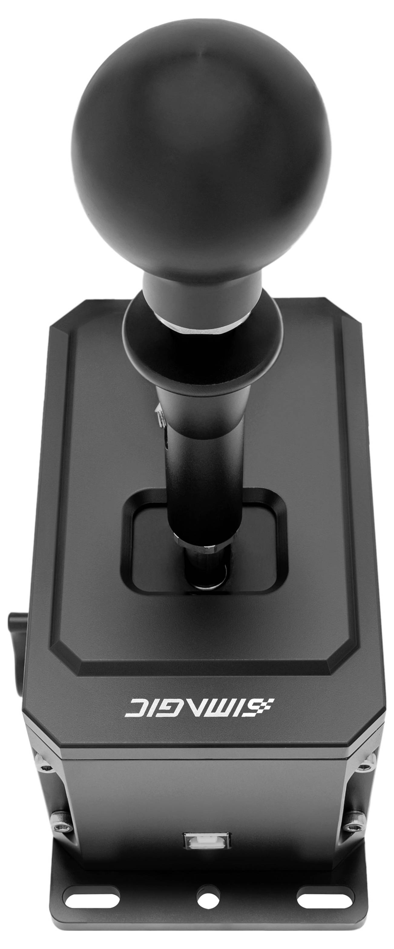 Schwarzer industrieller Joystick-Steuerhebel auf einer Metallgrundplatte montiert, von oben betrachtet.