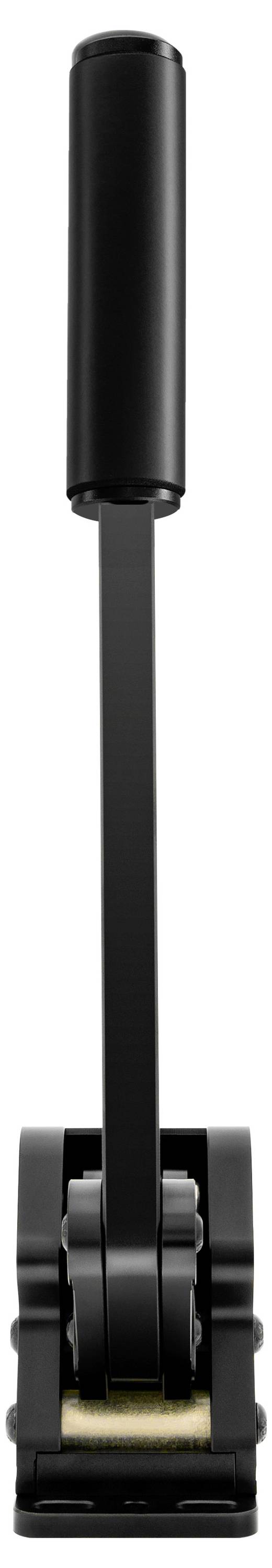 Schwarzer mechanischer Klemmverschluss oder Scharniersmechanismus mit vertikalem Arm und abgerundeter Oberseite, in Nahaufnahme auf weißem Hintergrund dargestellt.