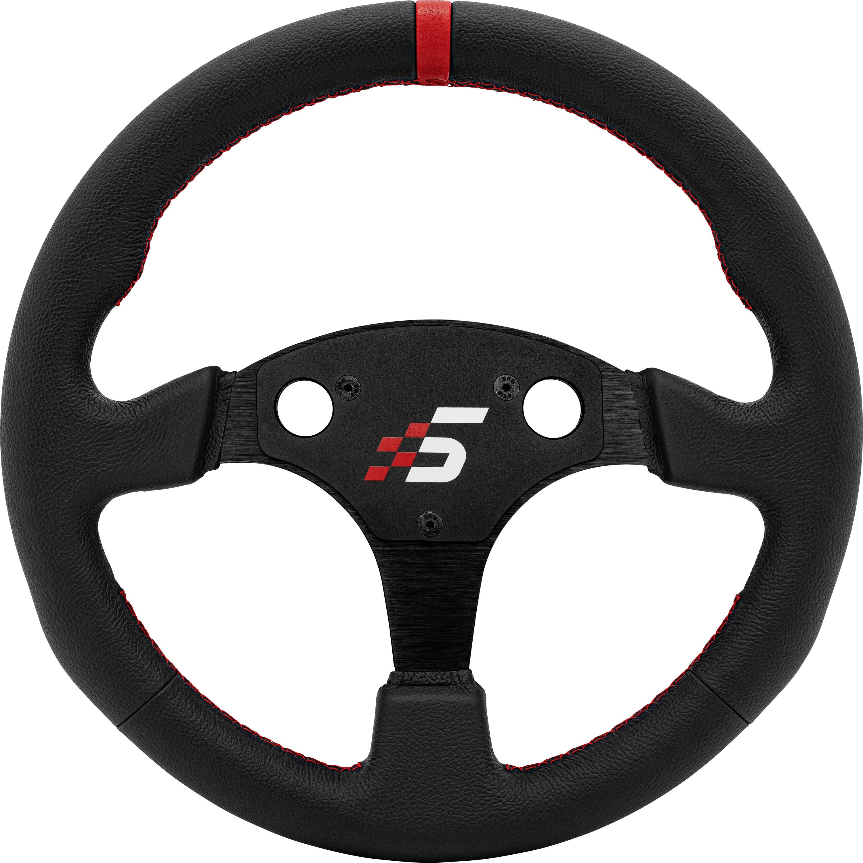 Schwarzes Rennlenkrad mit rotem Mittelstreifen und Logo auf der Nabe, auf weißem Hintergrund dargestellt.