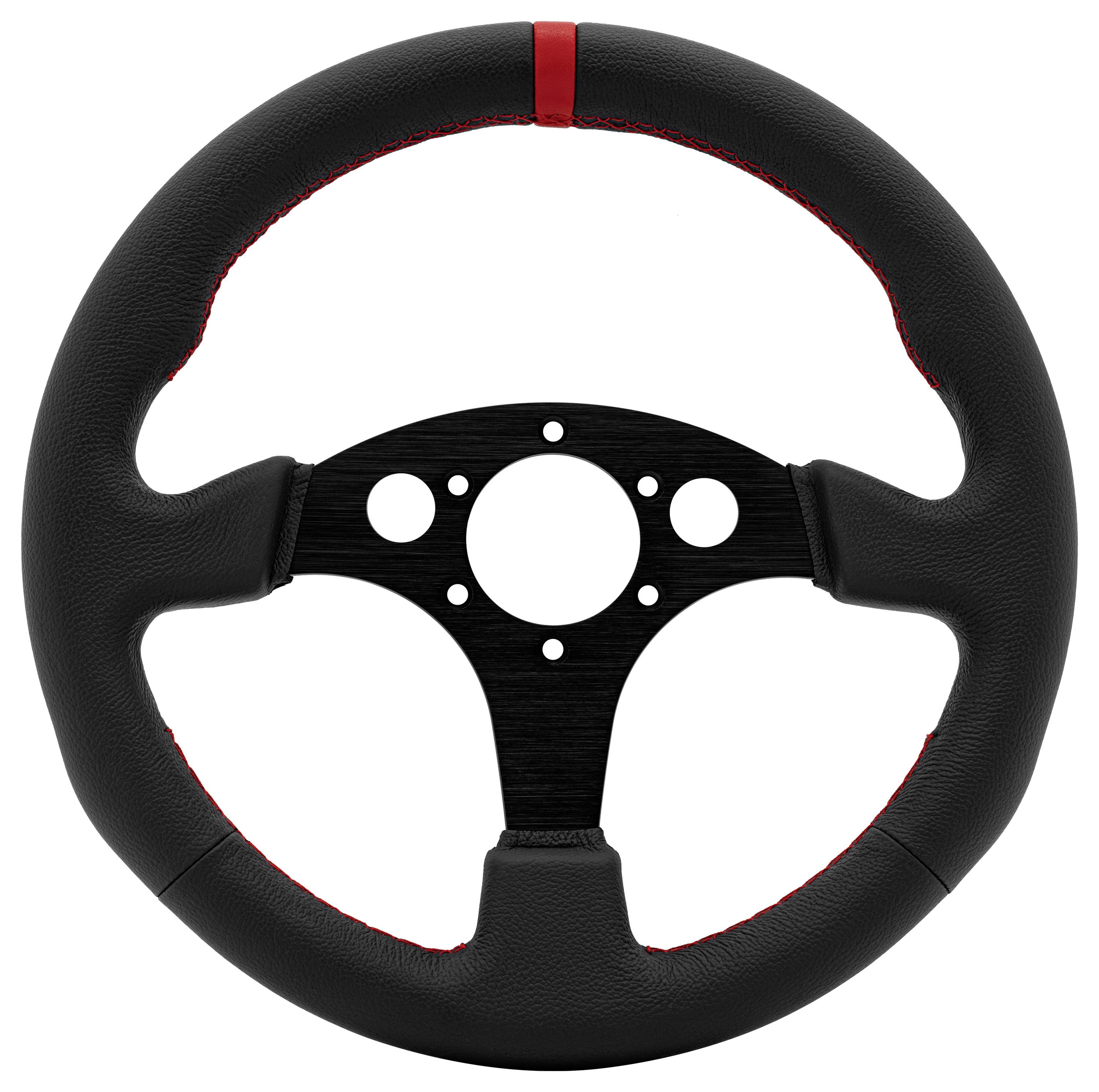 Schwarzes Racing-Lenkrad mit dreiarmigem Design und rotem Mittelstreifen auf weißem Hintergrund.