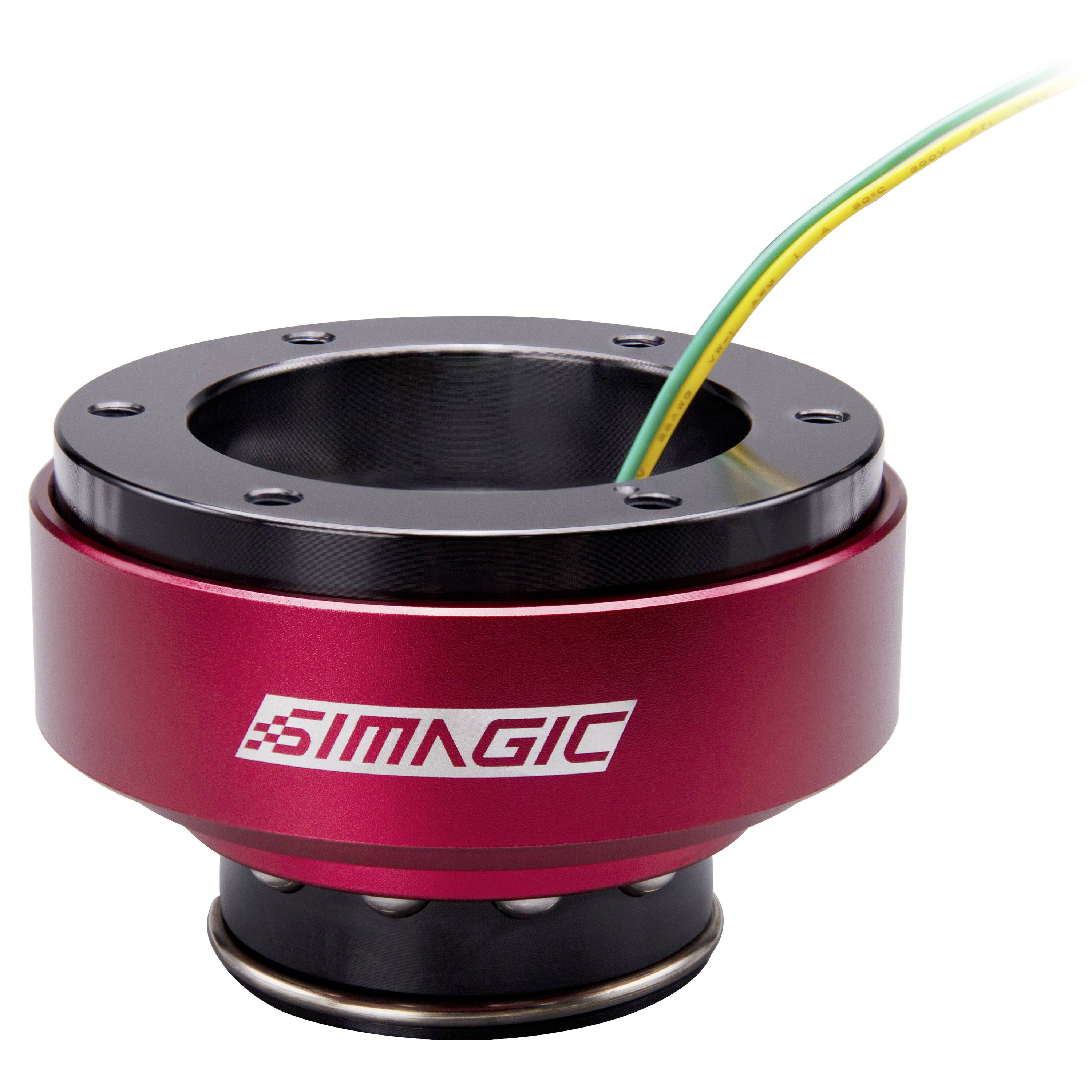 Rot eloxierter SIMAGIC Rennlenkrad-Nabe-Adapter mit schwarzem oberen Ring und angebrachtem gelb-grünem Kabel auf weißem Hintergrund.
