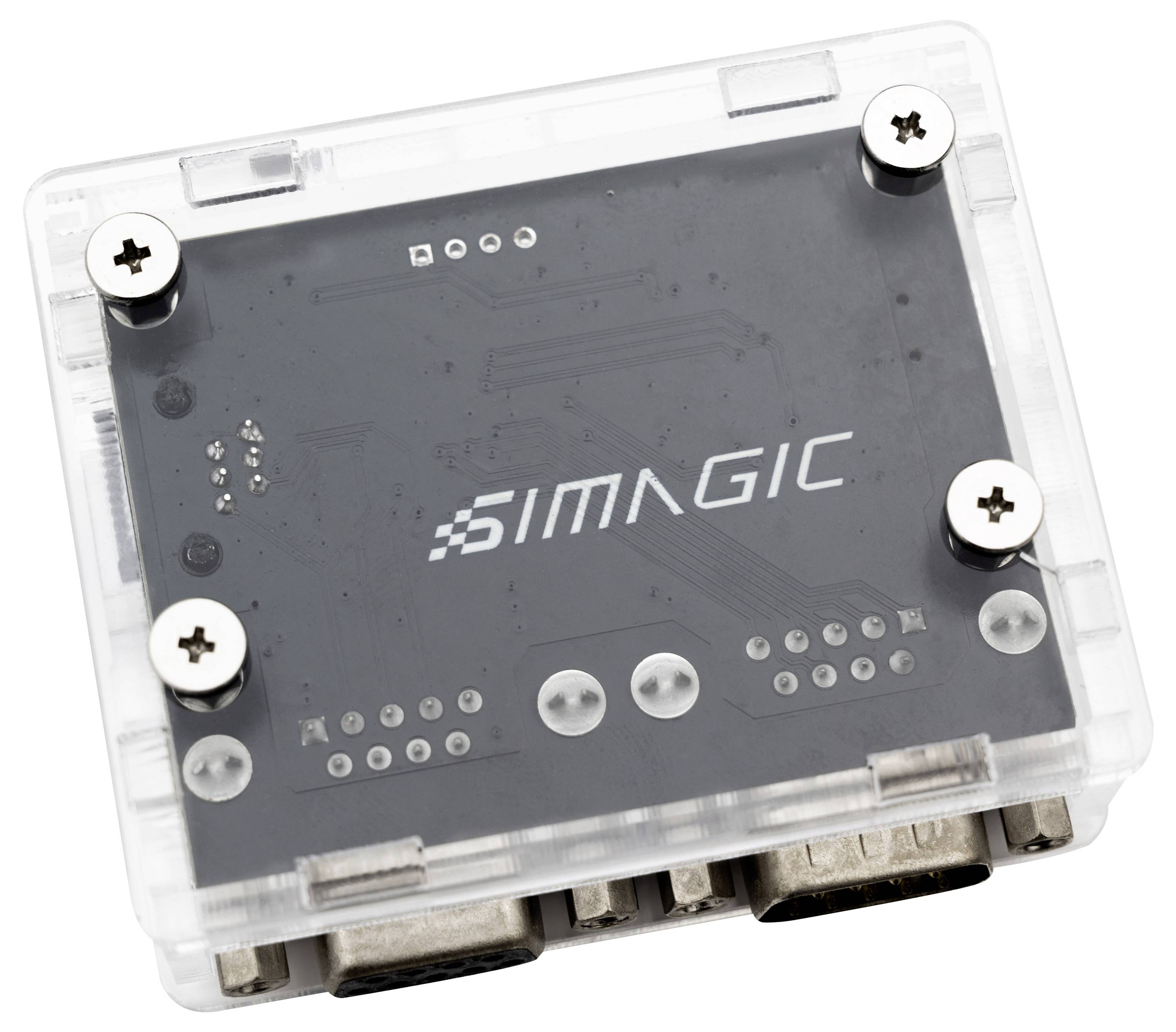 Durchsichtiges Kunststoff-Elektronikmodul mit einer dunklen Leiterplatte, die mit „SIMAGIC" beschriftet ist, und vier sichtbaren Eckschrauben.
