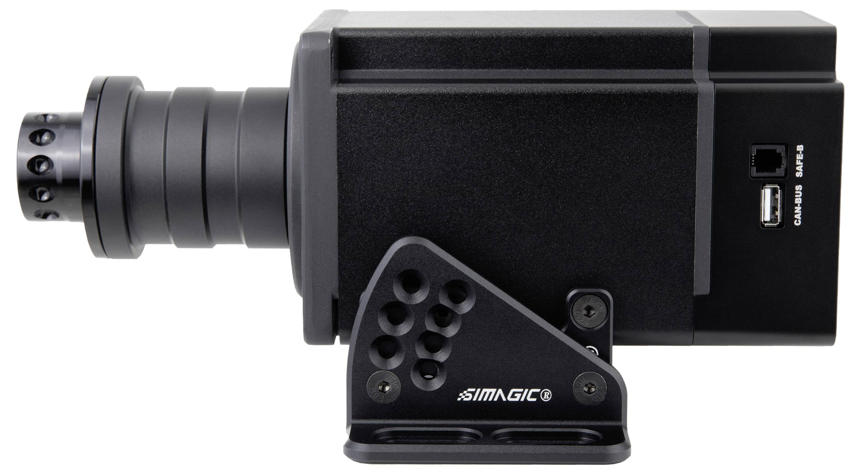 Schwarze Industriekamera oder Sensoreinheit mit Objektiv auf der linken Seite und USB-Anschlüssen auf der rechten Seite, auf einer Halterung vor weißem Hintergrund montiert