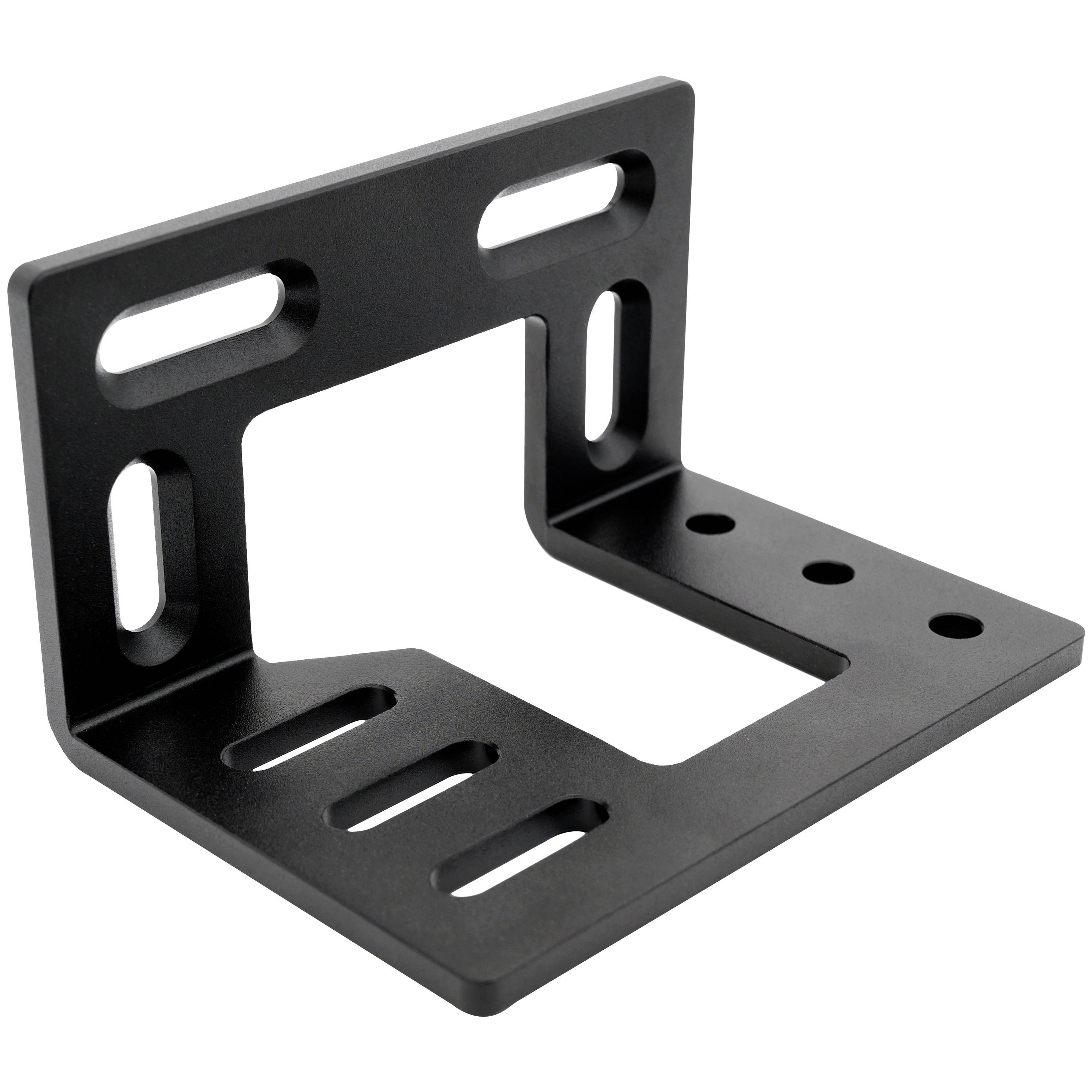 Schwarze Metall-Winkelhalterung mit Schlitzlöchern für verstellbares Befestigen und Unterstützung.