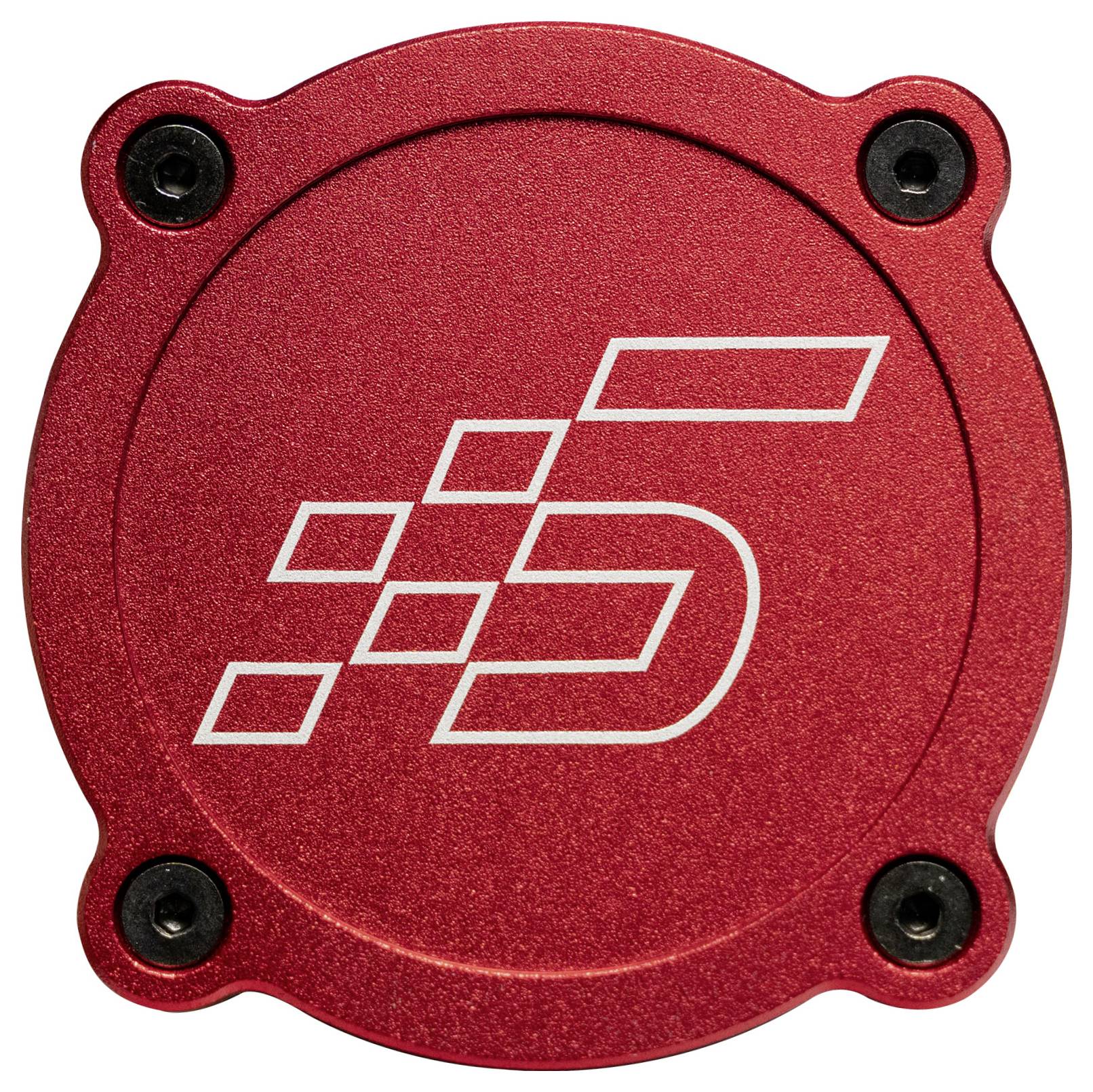 Rote kreisförmige Metallabdeckung mit vier schwarzen Schrauben und einem weißen, stilisierten 'S'-Logo in der Mitte.