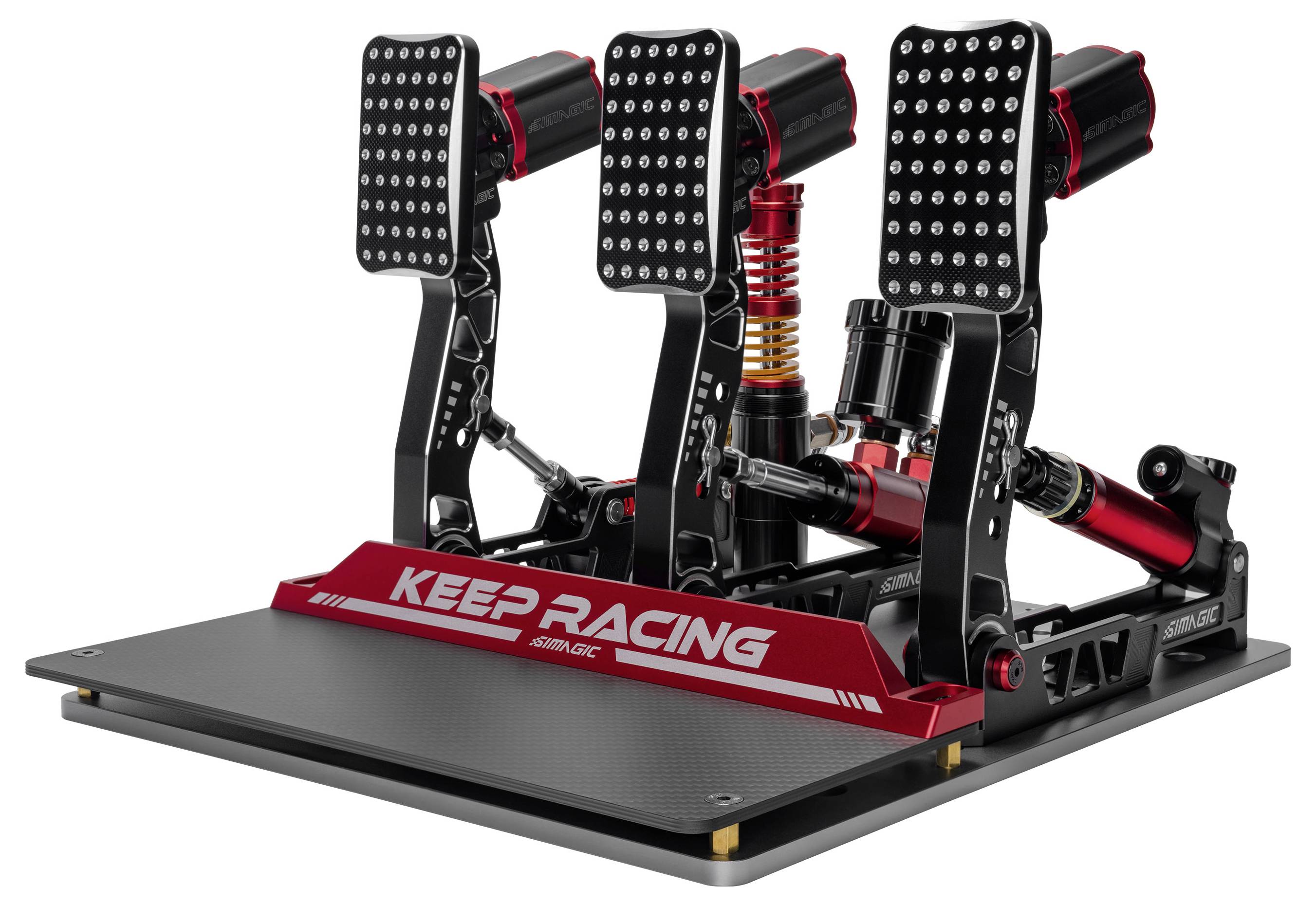 Drei Rennsimulatorbremspedal auf einer Plattform montiert, mit einer roten "KEEP RACING"-Frontplatte und sichtbaren Federn, Zylindern und verstellbarer Hardware.
