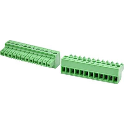 Zwei grüne steckbare Klemmleistenverbinder, einer mit abgewinkelten Schraubklemmen und einer mit einer Reihe von rechteckigen Steckeröffnungen.