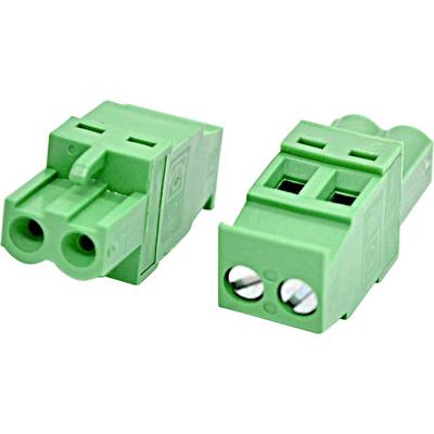 Zwei grüne elektrische Anschlusstecker nebeneinander abgebildet, jeder mit zwei Anschlussanschlüssen auf weißem Hintergrund.
