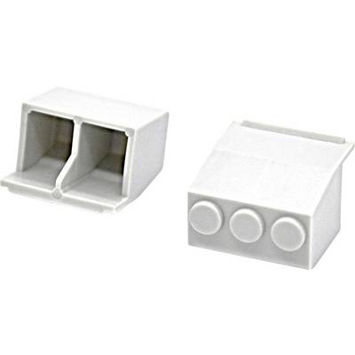 Weiße Kunststoff-Elektrostecker-Gehäuse, von zwei Winkeln gezeigt, mit doppelten internen Schlitzen und drei kreisförmigen vorderen Anschlüssen.