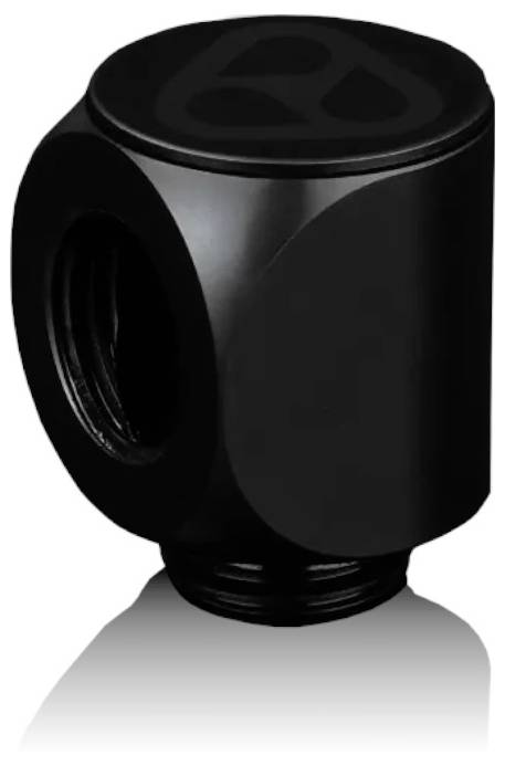 Schwarze zylindrische mechanische Verbindung mit seitlicher Gewindebohrung und unterem Gewindeanschluss, dargestellt auf weißem Hintergrund.