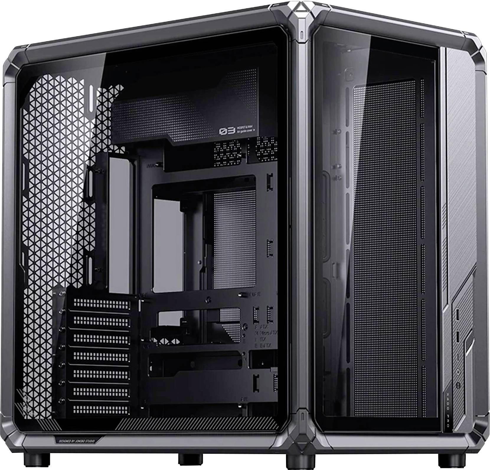 Offenes Desktop-Computergehäuse mit gehärtetem Glasseitenpaneel, zeigt leeres Motherboard-Tablett, Erweiterungssteckplätze und vordere Netzansaugpanels.