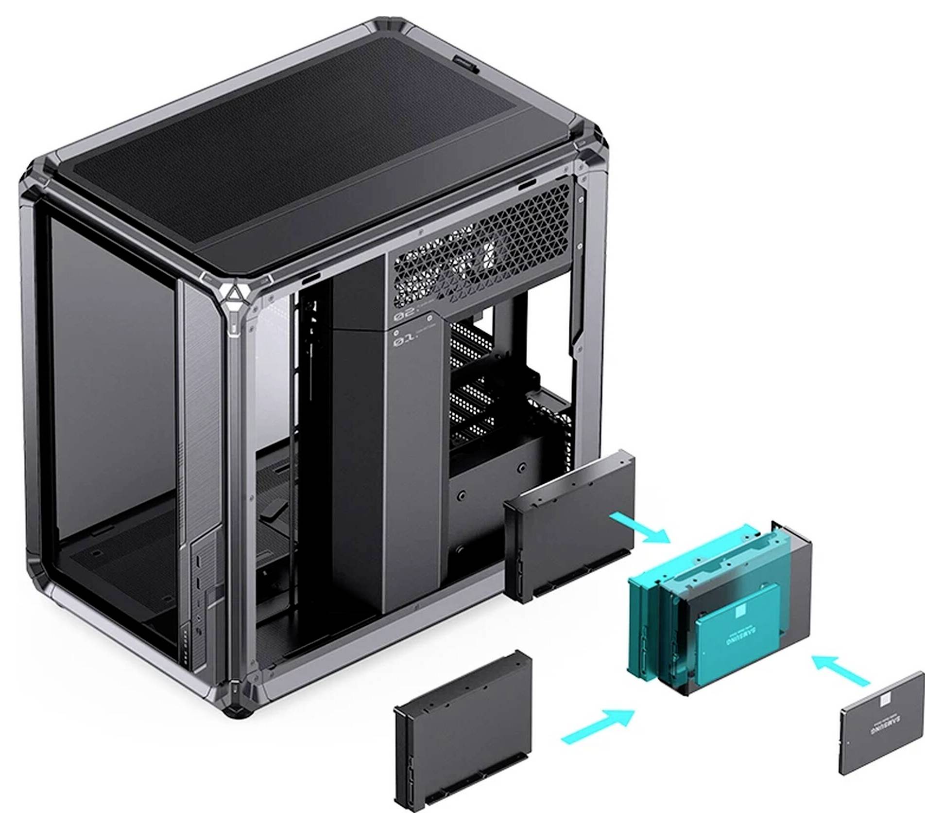 Explodierte Ansicht eines transparenten PC-Gehäuses mit abnehmbaren modularen Komponenten, die in das Chassis eingesetzt werden.