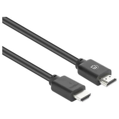 Schwarzes HDMI-Kabel mit zwei männlichen Steckverbindern auf weißem Hintergrund, ein Stecker mit der Bezeichnung HDMI.