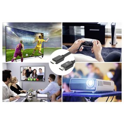 Collage aus einem Fernseher mit Fußball-Streaming, einer Person mit einem Game-Controller, einer Videokonferenz auf einem Wandbildschirm und einem Projektor mit HDMI-Kabel, das Home-Entertainment und Arbeitsverbindung zeigt.