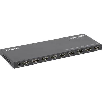 Schwarze HDMI-Umschalterbox mit einem DC-5V-Stromeingang und acht gekennzeichneten HDMI-Anschlüssen, einschließlich "EINGANG" und "AUSGANG 1" bis "AUSGANG 8".
