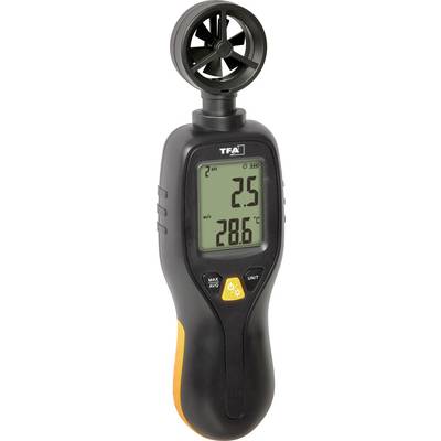 Tragbares TFA-Anemometer mit Ventilator-Sensor, zeigt Windgeschwindigkeit von 2,5 m/s und Temperatur von 28,6°C auf dem Display an.