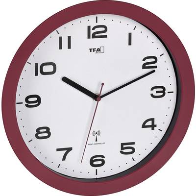Analoge Wanduhr mit rotem Rand, die etwa 10:10 anzeigt, mit rotem Sekundenzeiger und schwarzen Ziffern.