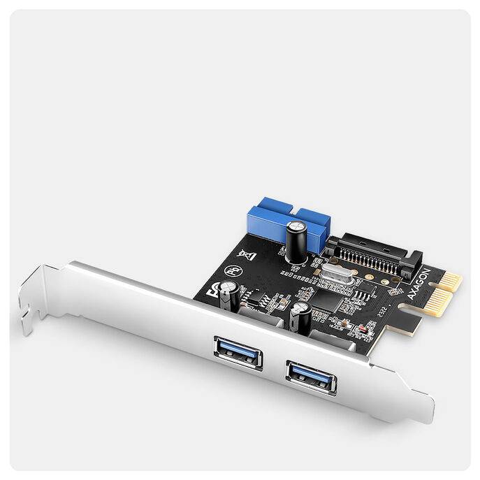 PCIe-Erweiterungskarte mit zwei vorderen USB-3.0-Anschlüssen und einem blauen internen Stecker, dargestellt auf weißem Hintergrund.