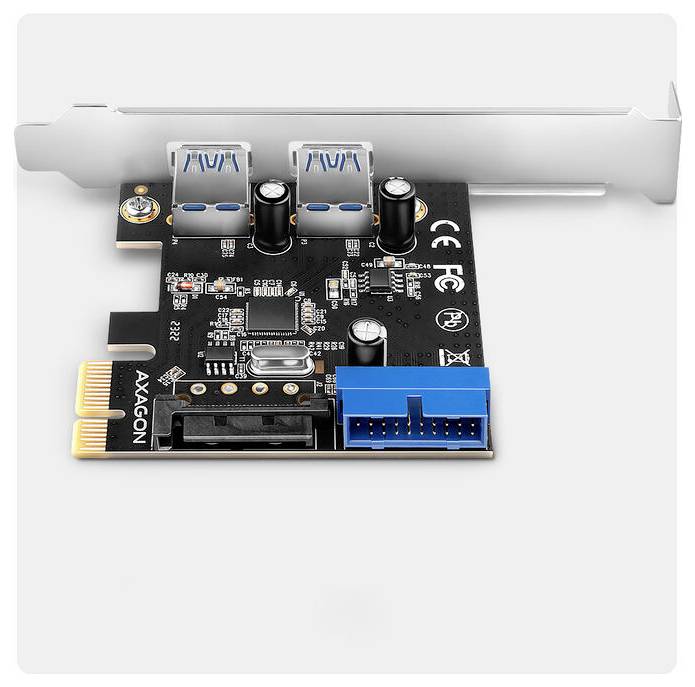 PCIe-Erweiterungskarte mit zwei blauen USB-3.0-Anschlüssen, einem SATA-Stromstecker und einer blauen internen Kopfleiste auf einer schwarzen Leiterplatte.