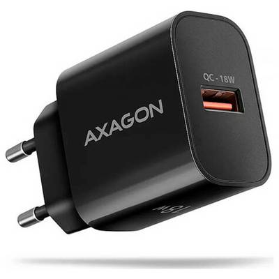 Schwarzer Axagon QC-18W USB-Wandladegerät mit EU-Stecker und einem orangefarbenen USB-Port.
