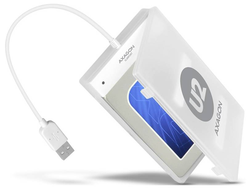 USB tragbares externes Laufwerk oder Kartenleser in einem weißen Gehäuse mit angeschlossenem USB-Kabel, teilweise offen mit einer blauen Karte im Inneren.