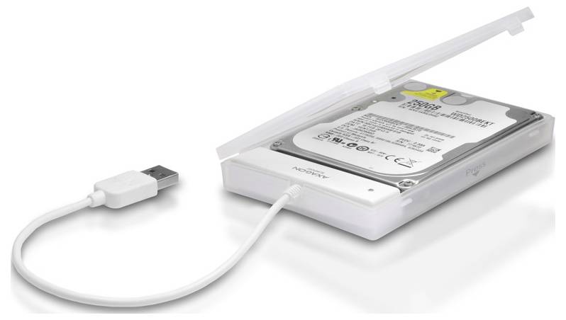 Tragbares Festplattengehäuse mit geöffnetem Deckel und angeschlossenem USB-Kabel, das ein 2,5-Zoll-Laufwerk im Inneren zeigt.