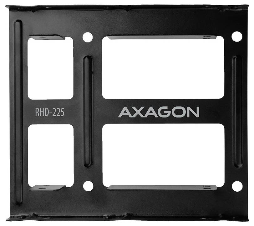 Schwarze AXAGON RHD-225 Metallhalterung mit vier rechteckigen Ausschnitten und Schraubenlöchern, Vorderansicht auf weißem Hintergrund dargestellt.