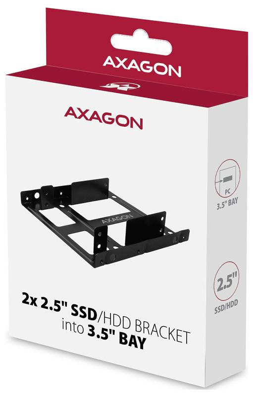 AXAGON 2x 2,5-Zoll-SSD/HDD-Halterung für einen 3,5-Zoll-Schacht, auf der Produktverpackung mit abgebildeter Halterung und Kompatibilitätssymbolen dargestellt.