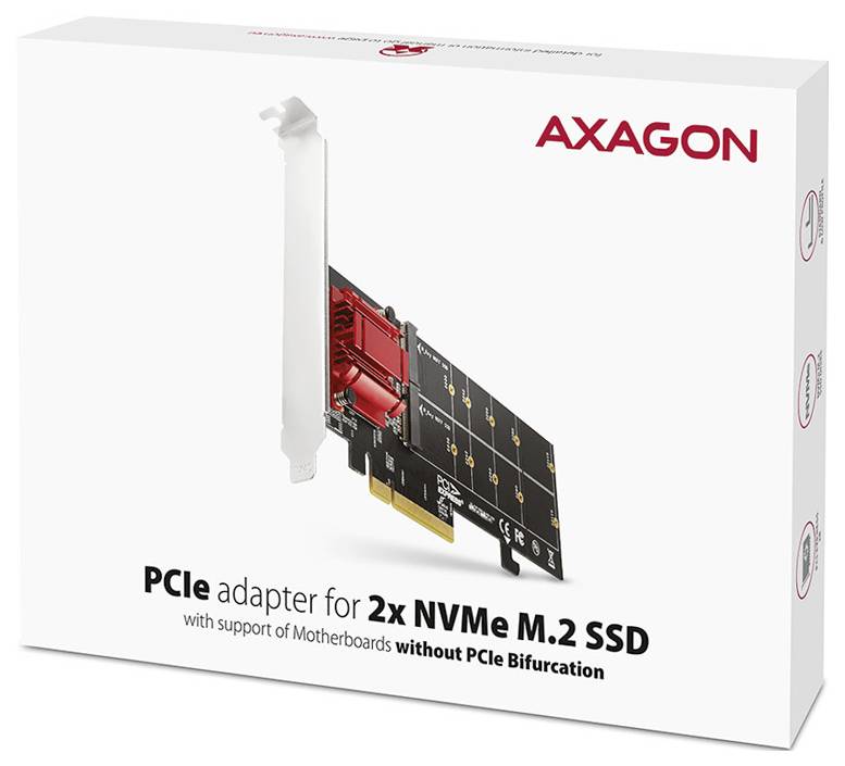AXAGON PCIe-Adapter für 2x NVMe M.2 SSD mit Unterstützung für Mainboards ohne PCIe-Bifurkation.