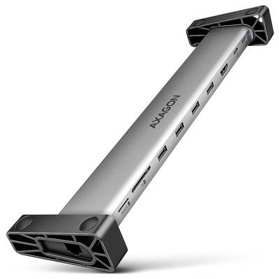 Silberner AAXA N9N USB-C-Hub/Dockingstation mit mehreren USB-Anschlüssen und Lüftungsöffnungen vor weißem Hintergrund dargestellt.
