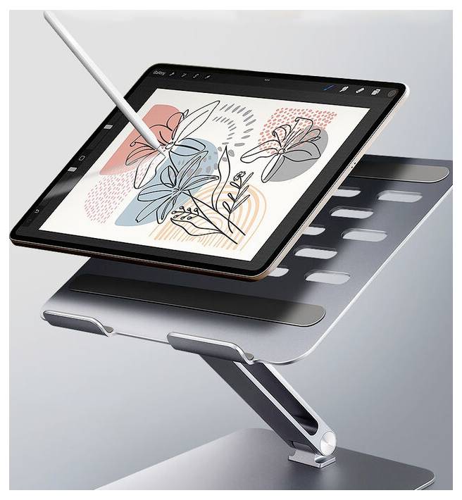 Tablet mit Stift auf verstellbarem Ständer, auf dem Display eine Blumen-Zeichnungs-App.