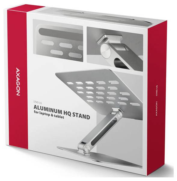 Produktbox für Axagon Aluminium-Laptop- und Tablet-Ständer, der einen faltbaren, verstellbaren Ständer in Silber zeigt, sowie den Text „ALUMINUM HQ STAND für Laptop & Tablet".