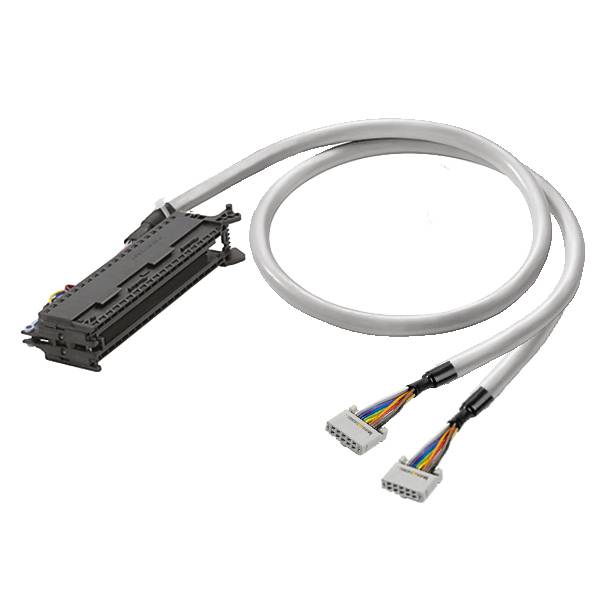 Graues Kabelset mit einem schwarzen rechteckigen Stecker an einem Ende und zwei kleinen Multi-Pin-Steckern am anderen Ende, gezeigt auf weißem Hintergrund.