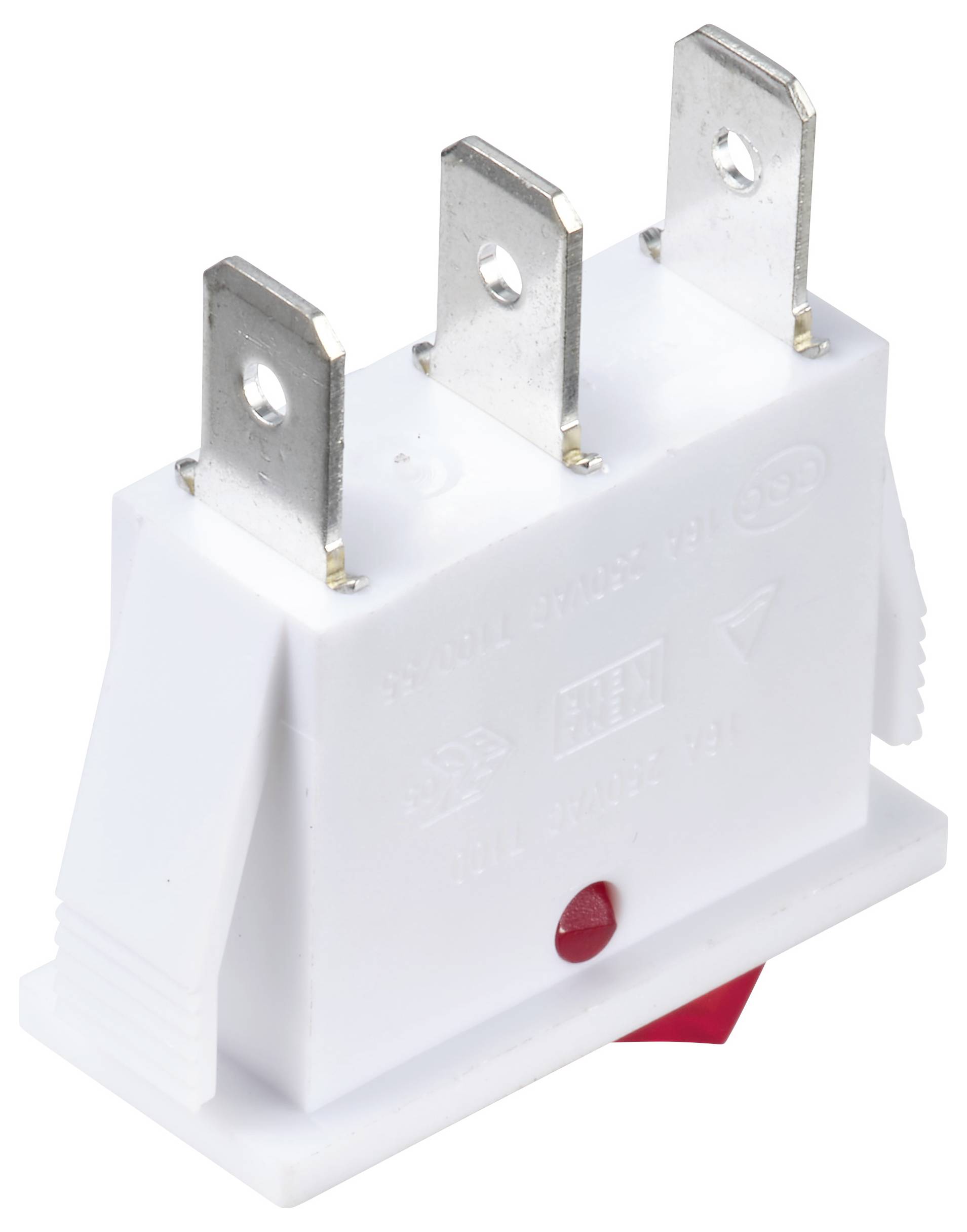 Weißes elektrisches Relais- oder Schaltermodul mit drei Metallblattanschlüssen und einer kleinen roten Anzeige auf einer weißen Basis.