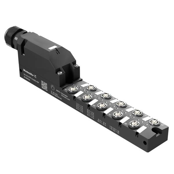 Schwarzes Industrie-Sensor-/Steckverbinder-Modul mit Kabelverschraubung und acht runden M8-ähnlichen Anschlüssen auf einem langen Montagebock.