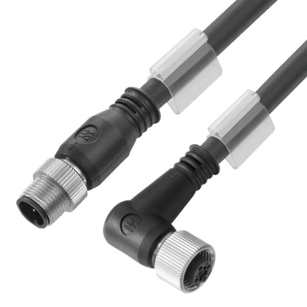 Zwei schwarze rechtwinklige Rundsteckverbinder auf Kabeln mit metallischen Gewinde­enden und Schutz­manschetten, dargestellt auf weißem Hintergrund.